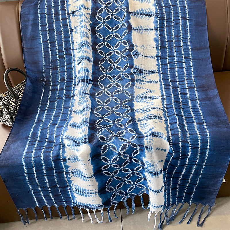 Ethnic Tie-Dye Style Buckle Women's Travel Sun Protection Yunnan Blue and White Literature Art Chinese Big Size Scarf / Hijab