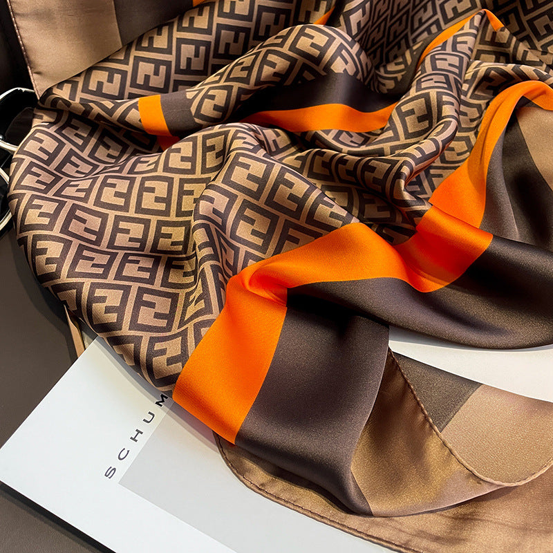 Brown & orange color mixed printed  silk scarf / hijab