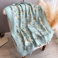 Classy Mint Green Floral Printed Long Soft Imported Summer Friendly Tassel Hijab / Orna
