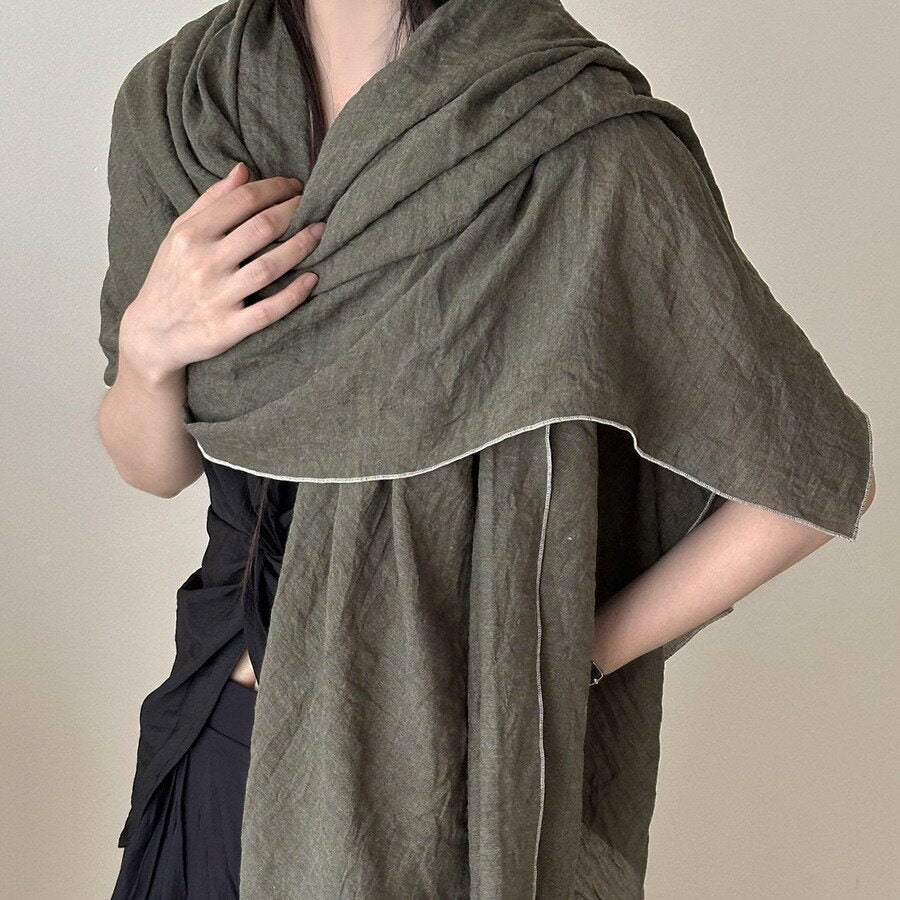 Classy Military Green Japanese-Style Imported Summer Friendly Long Wrinkled Cotton Hijab / Orna