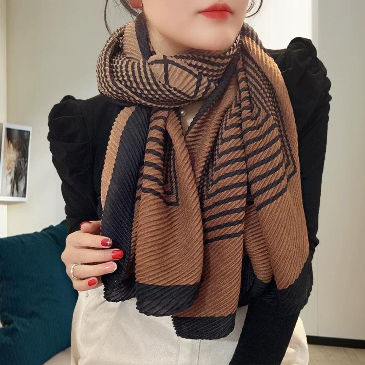 Classy brown & black crinckled cotton hijab