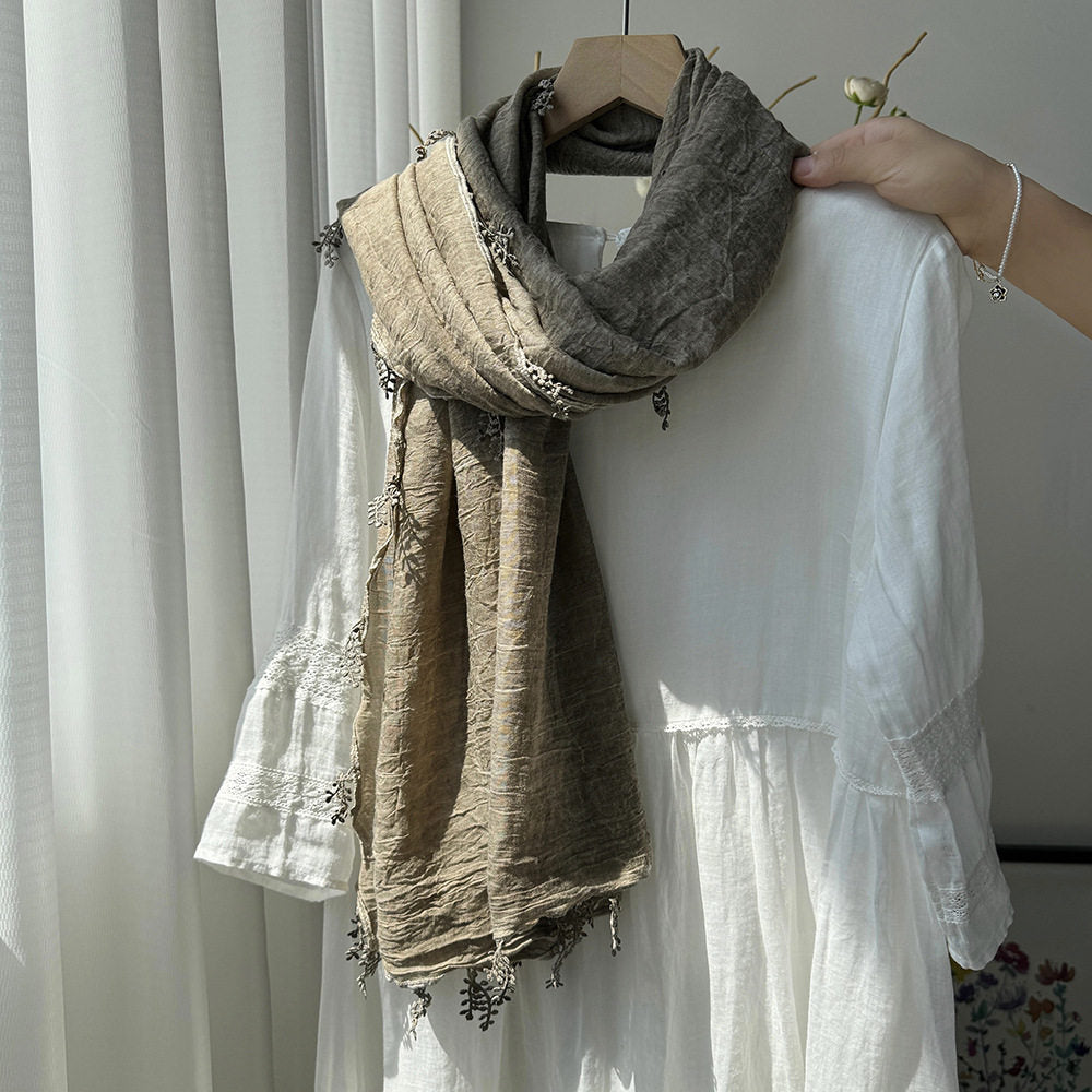 Beautiful Khaki Summer-Friendly Long Cotton Imported Hijab Finished With Hanging Leaves Tassel Fringes Along The Borders