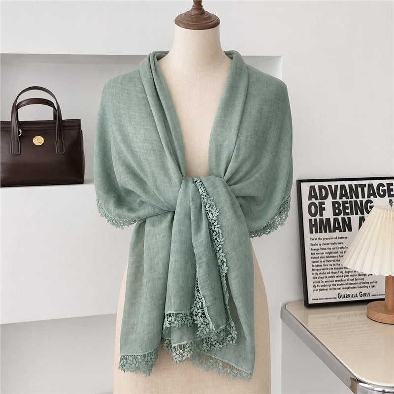 Classy Lake Green Artistic Lace Edged Imported Premium Summer Friendly Cotton Hijab / Orna