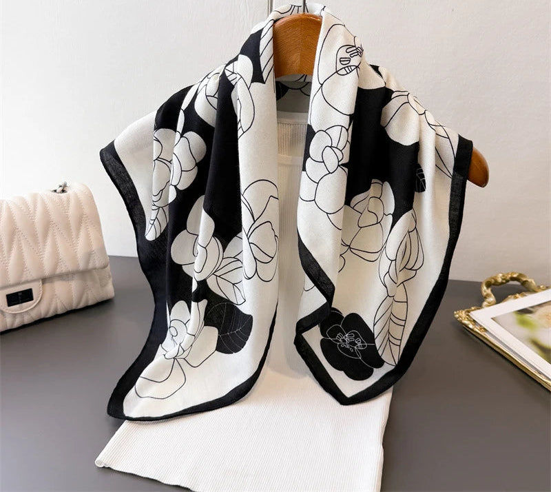 Black white flower printed silk scarf