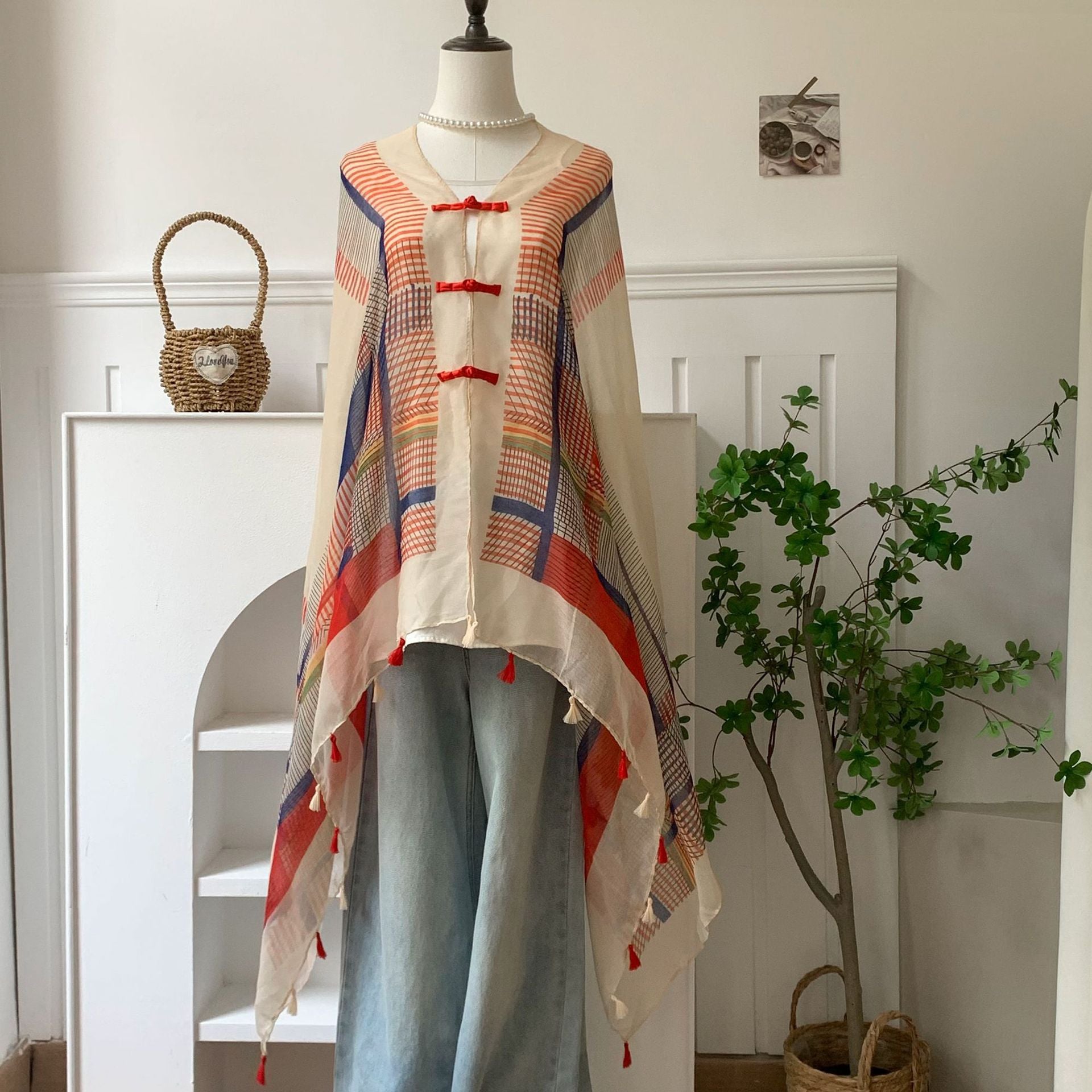 Multicoloured soft long tassel cape