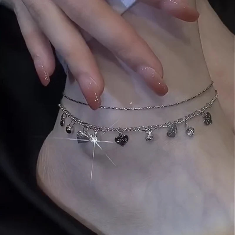 Heart Rhinestone Double Layer Silver Color Anklet