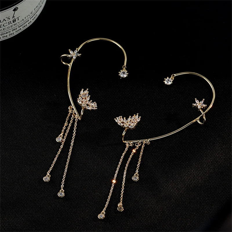 Stylish Sparkling Crystal Flower Ear Cuff Without Piercing Clip Earrings Irregular Tassel Ear Clip ( 1 pair)