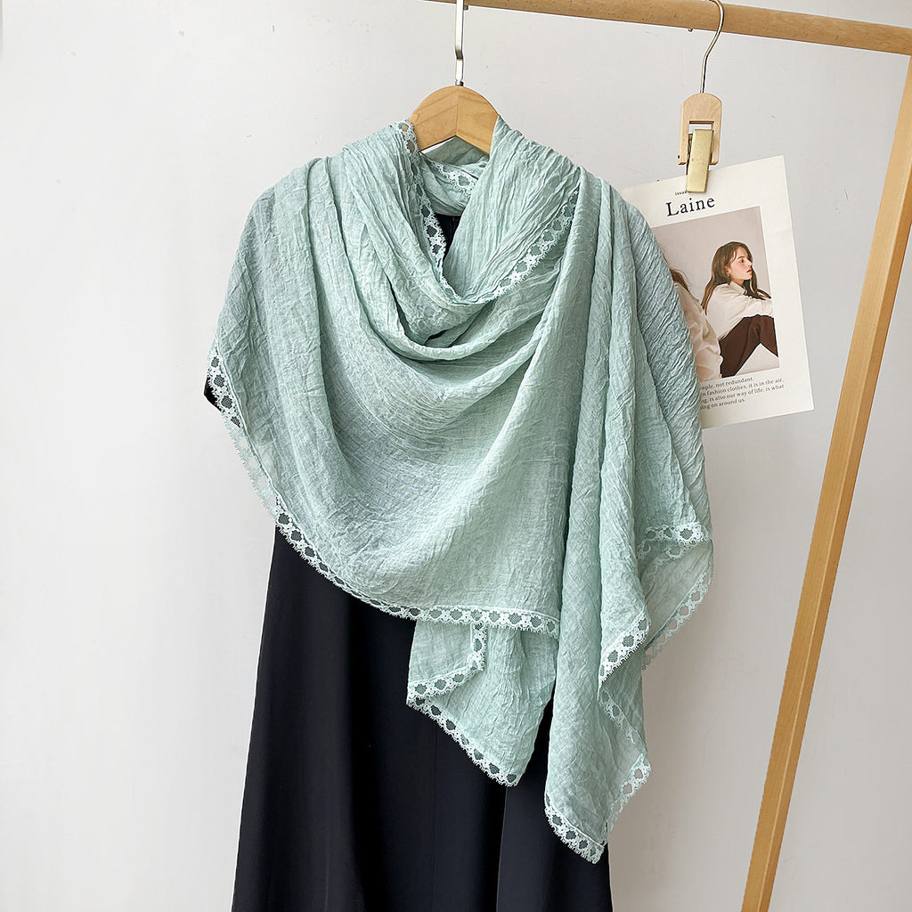 Stylish Mint Green Versatile Artistic Lace Edged Imported Premium Summer Friendly Cotton Hijab / Orna