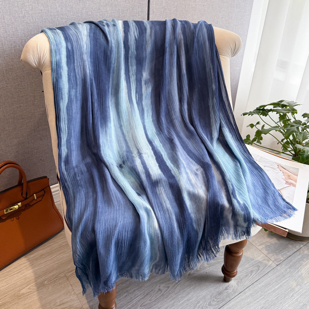 Elegant Navy Blue High Quality Tudung Rayon Cotton Scarf Women Girl Ombre Striped Imported Long Crinkle Breathable Printed Hijab / Orna