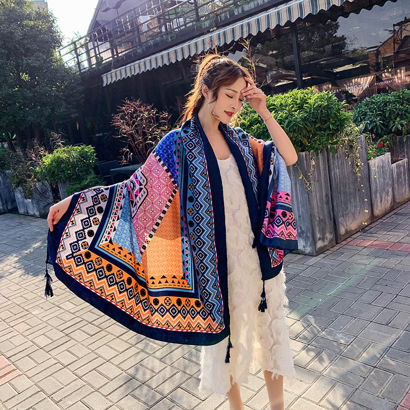 Multicolor Ethnic Style Printed Soft Long Summer Friendly Tassel Hijab / Orna