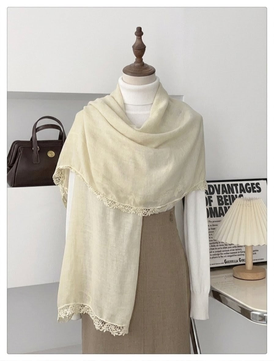Sophisticated Ivory Color Artistic Lace Edged Imported Premium Summer Friendly Cotton Hijab / Orna