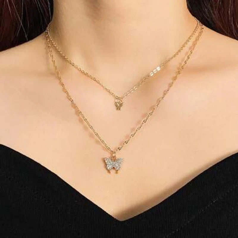 Gold duble layer butterfly pendant necklace