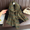 Stylish Military Green Imported Double-Sided Plaid Cotton Scarf with Gold Thread Decorative Casual Versatile Striped