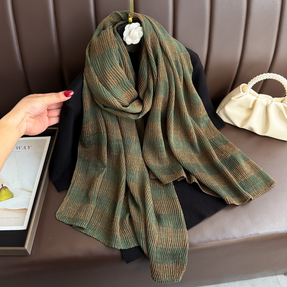 Stylish Military Green Imported Double-Sided Plaid Cotton Scarf with Gold Thread Decorative Casual Versatile Striped