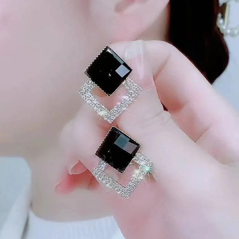 Silver Needle Double Diamond Crystal Earnings