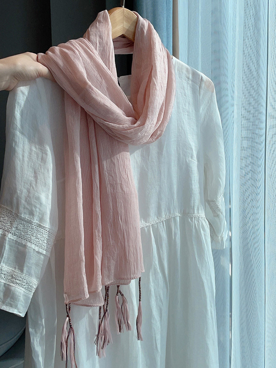 Pretty Pink Color Winding Tassel Cotton Hijab