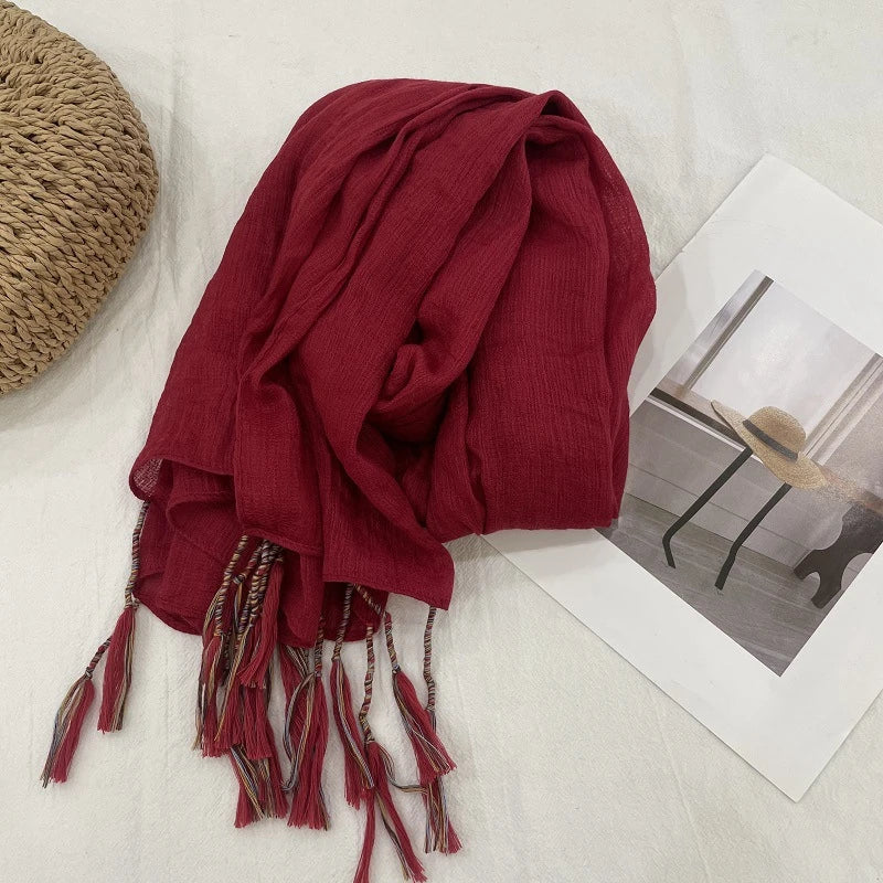 Gorgeous Maroon Color Winding Tassel Cotton Hijab/Orna
