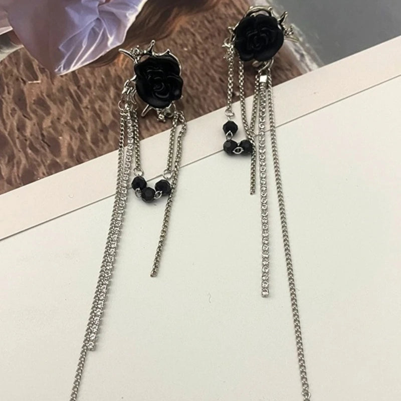 Elegant black rose tassel earrings