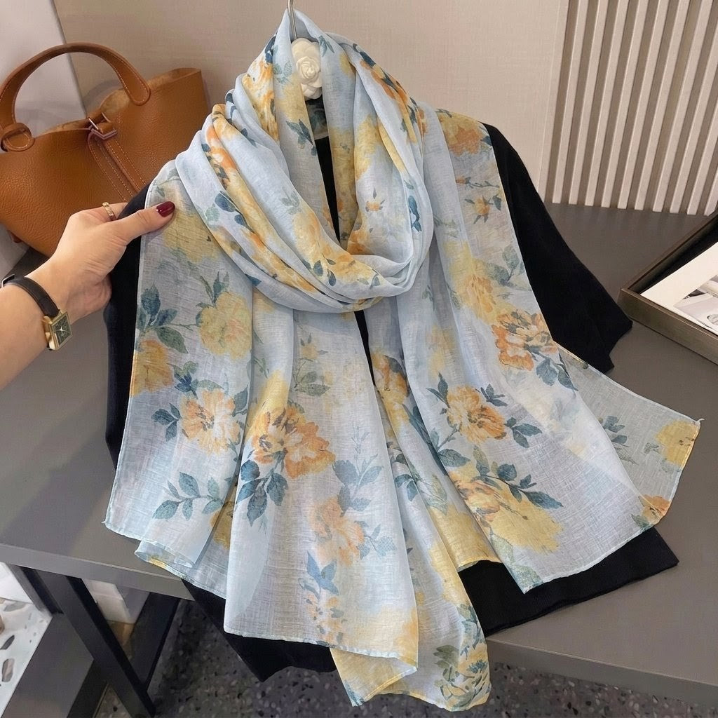 Elegant Light Blue Imported Floral Printed Summer Friendly Long Hijab / Orna