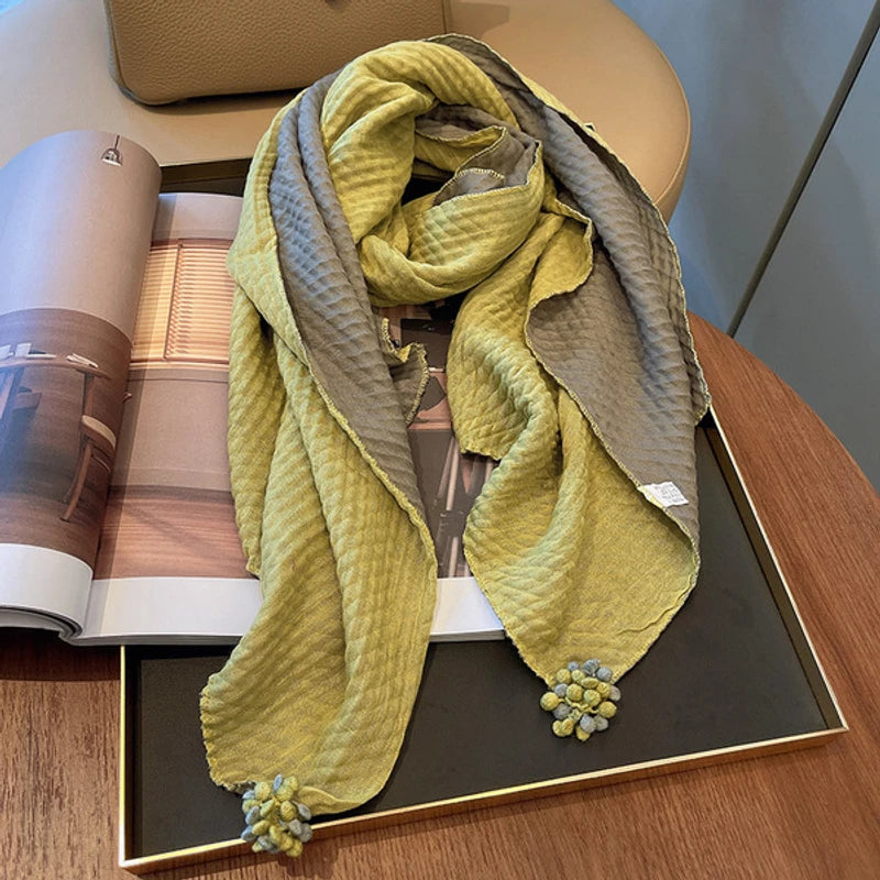 Italian yellow tasseled patchwork cozy cotton scarf