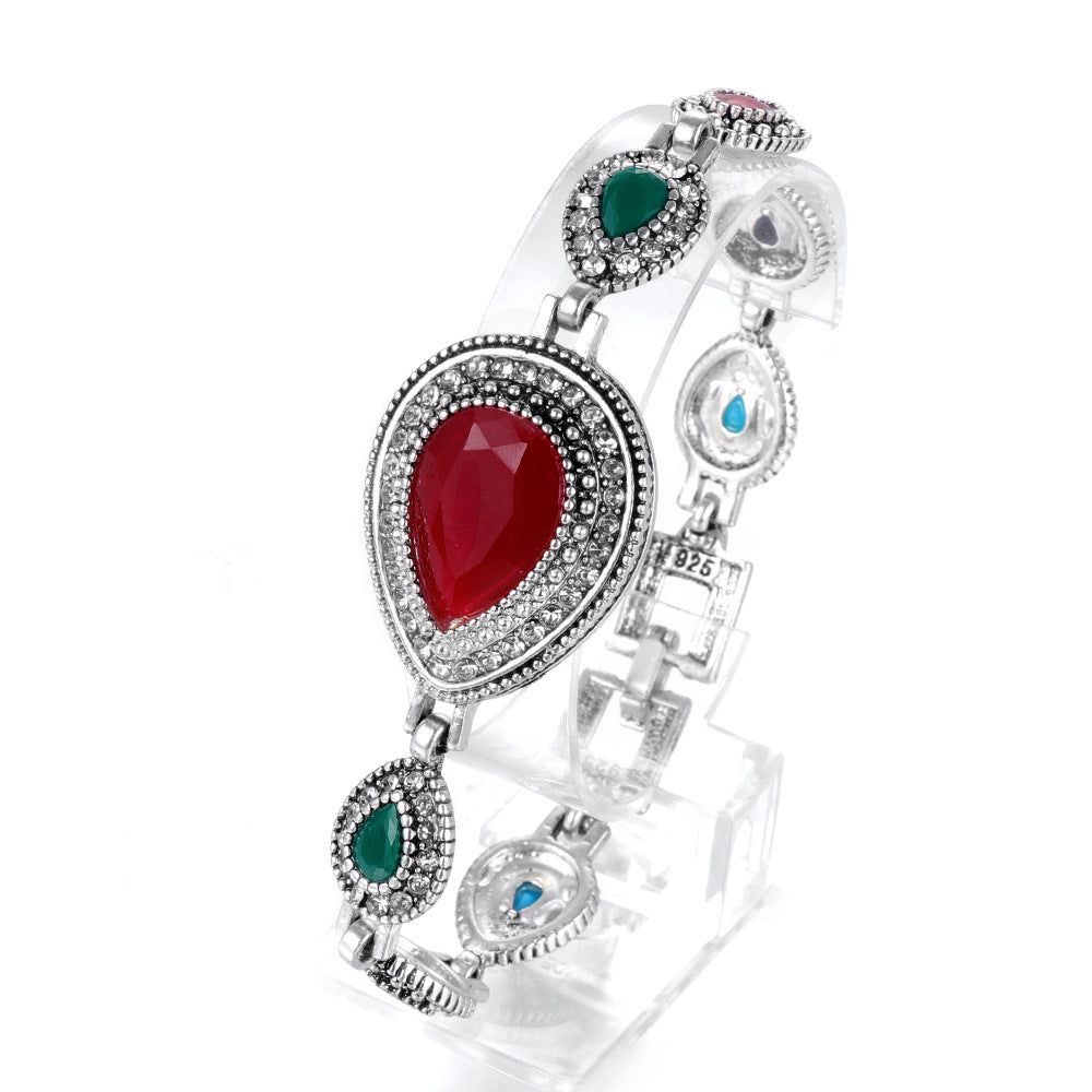 Vintage Fashion Water Drops Red Big Gemstone Diamond Noble Ladies Imported Silver Bracelet Colorful Resin Stone Elegant Temperament