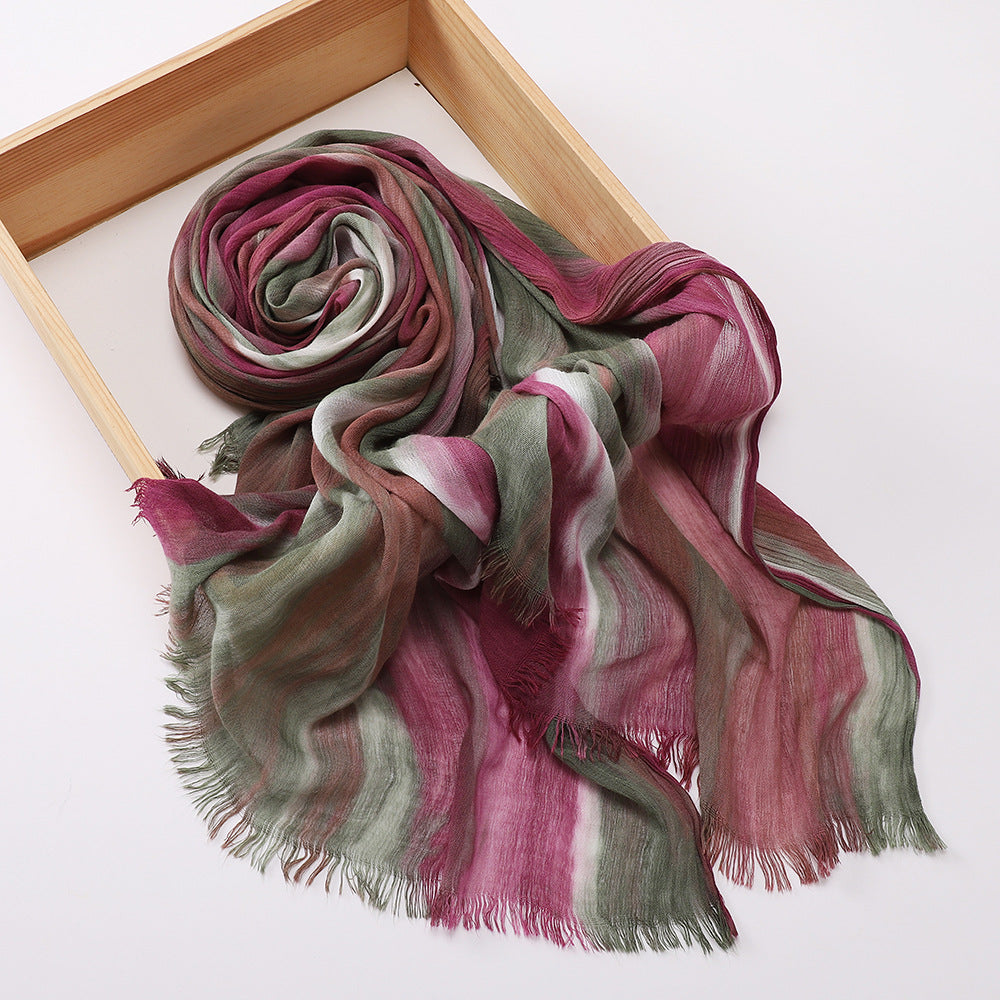 Classy Pink Green High Quality Tudung Rayon Cotton Scarf Women Girl Ombre Striped Imported Long Crinkle Breathable Printed Hijab / Orna