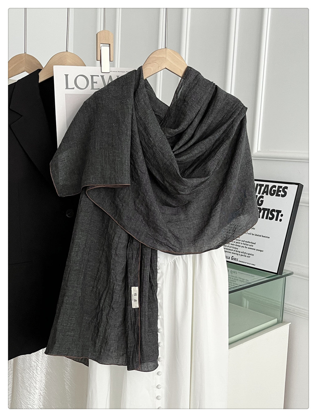 Stunning Black Gray Japanese-Style Imported Summer Friendly Long Wrinkled Cotton Hijab / Orna
