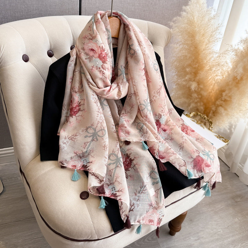 Pretty Pink Floral Printed Long Soft Imported Summer Friendly Tassel Hijab / Orna