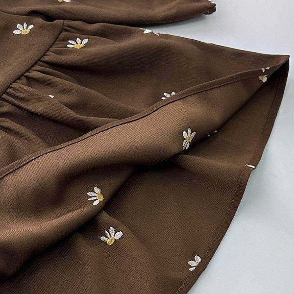 Imported Baby Girl Flower Embroidered Brown Color Lapel New Baby Girl Long-Sleeved Pullover Princess Dress