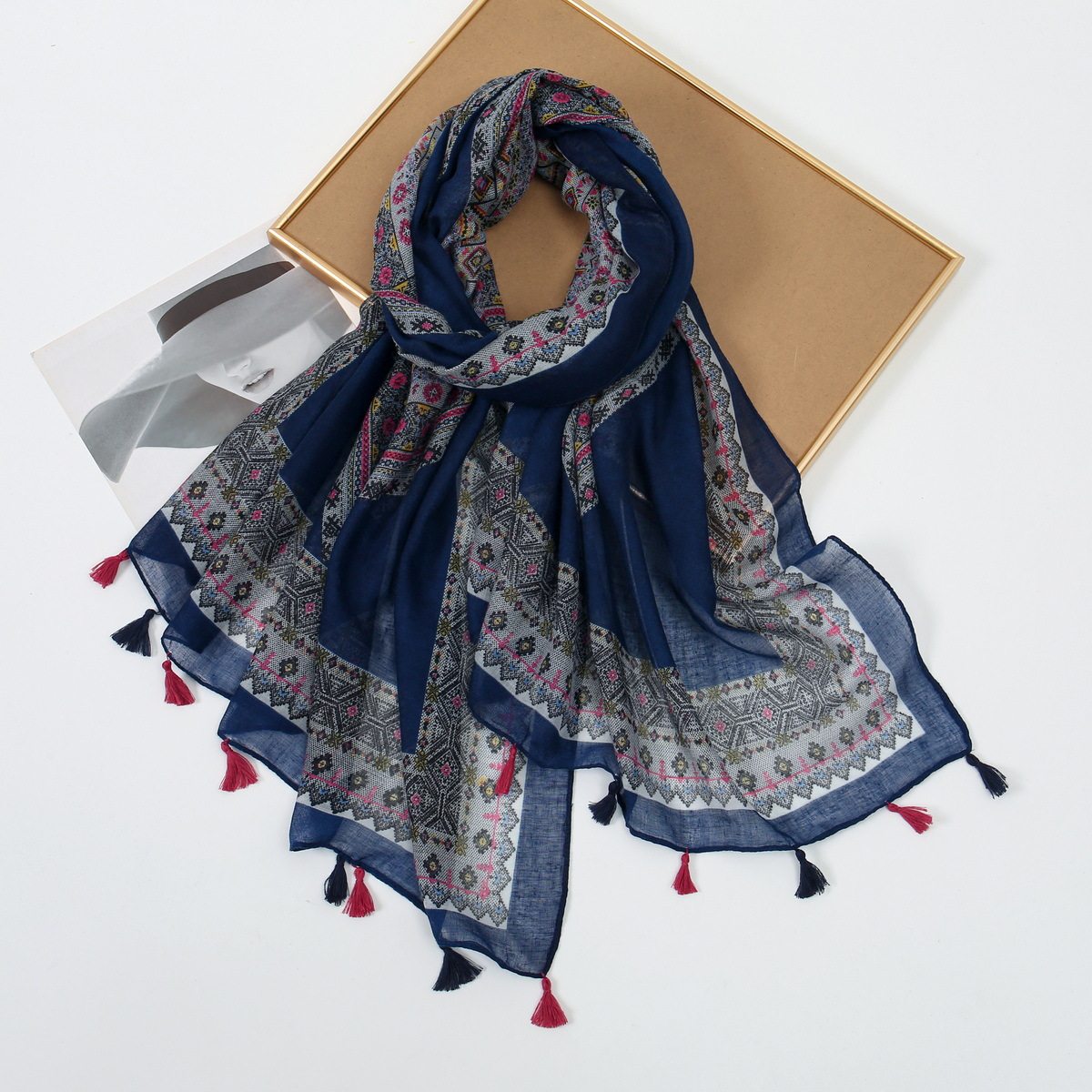 Stylish Navy Blue Bohemian Printed Long Soft Imported Summer Friendly Tassel Hijab / Orna