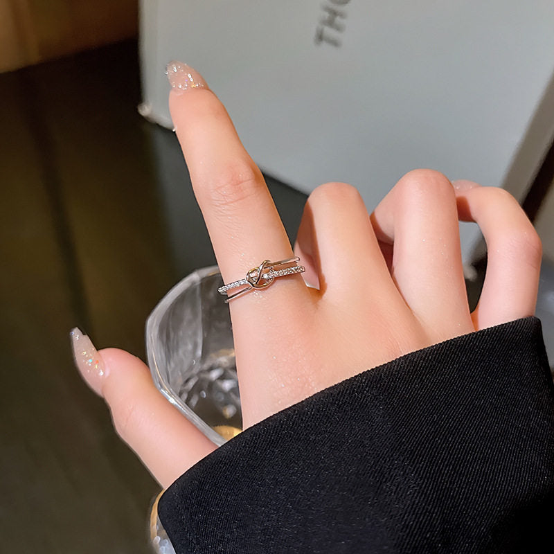 Elegant High Quality Korean Style Exquisite Zircon Ring Ring Women's Opening Adjustable Dieting Finger Ring Light Luxury Niche Personalized Knot Design Imported Adjustable Ring