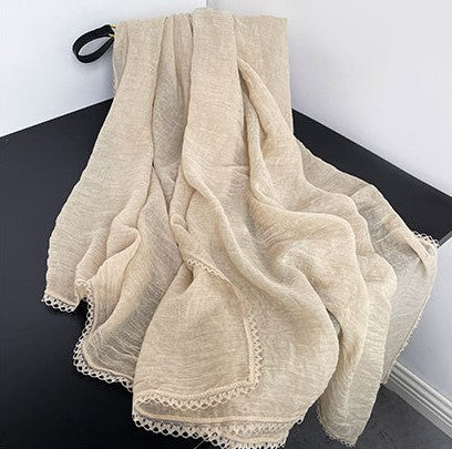 Sophisticated Champagne Color Lace Pleated Artistic Imported Premium Soft Cotton Lace Hijab / Orna
