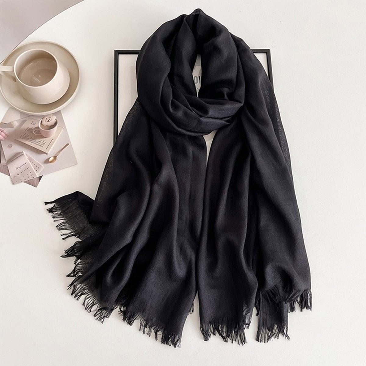 Elegant Black Color Imported Super Soft Big Size Summer Friendly Cotton Hijab / Orna