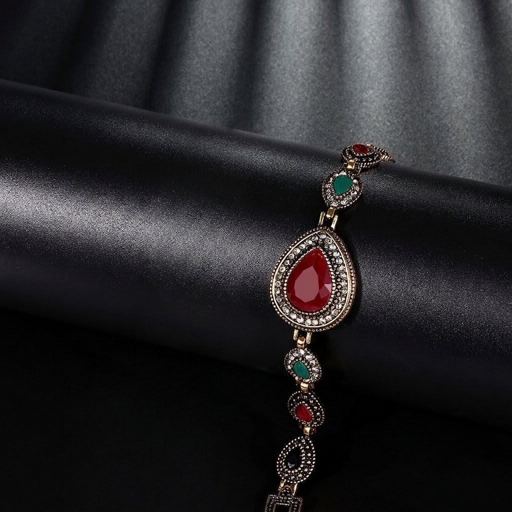 Vintage Fashion Water Drops Red Big Gemstone Diamond Noble Ladies Imported Gold Bracelet Colorful Resin Stone Elegant Temperament