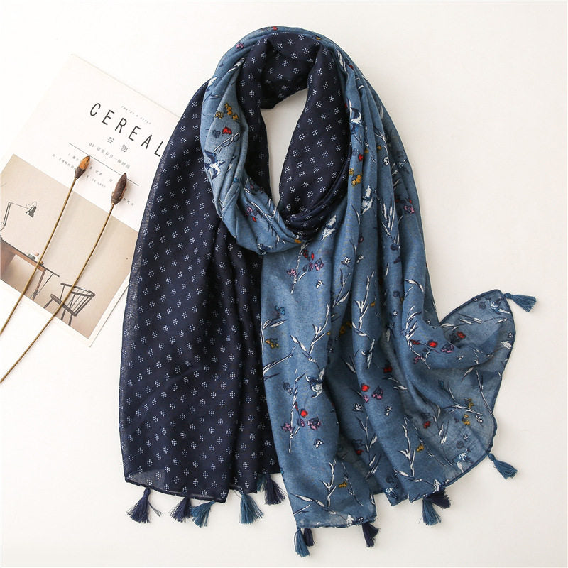Elegant Dusty Blue Floral Printed Super Soft Long Summer Friendly Tassel Hijab / Orna
