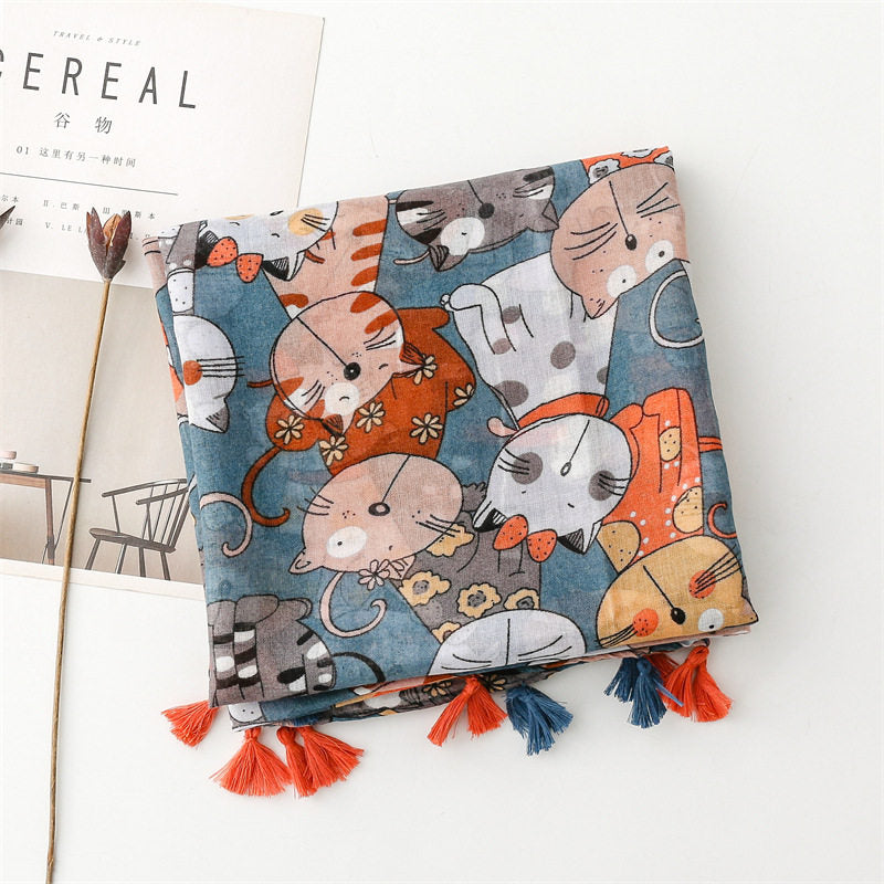 Colorful Cat Printed Soft Long Summer Friendly Tassel Hijab / Orna