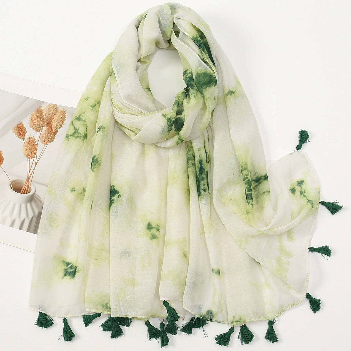 Classy Sage Green & White Ink Printed Long Soft Imported Summer Friendly Tassel Hijab / Orna