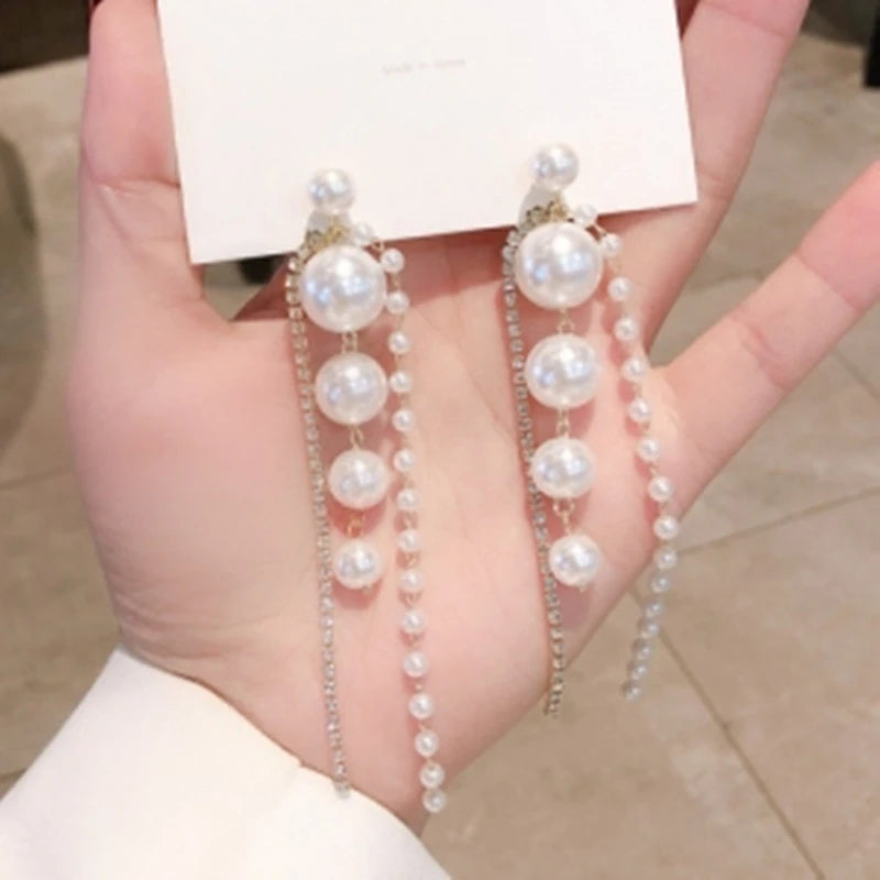 Beautiful pearl long tassel earrings