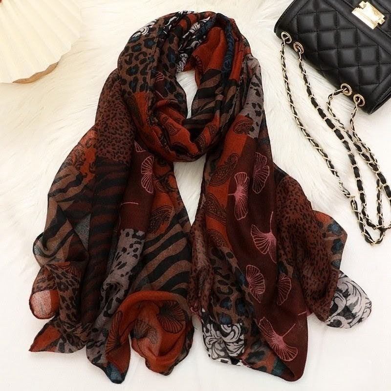 Beautiful Orange & Coffee Color Leopard Printed Imported Skin-friendly Long Hijab / Orna