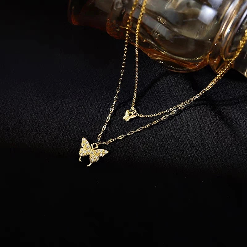 Gold duble layer butterfly pendant necklace
