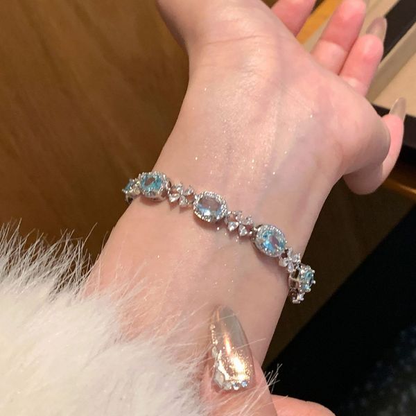 Stylish Blue Color Light Luxury Niche Exquisite High-End Trendy Zircon Adjustable Imported Bracelet for Women with Elegant Sparkling Crystal Design