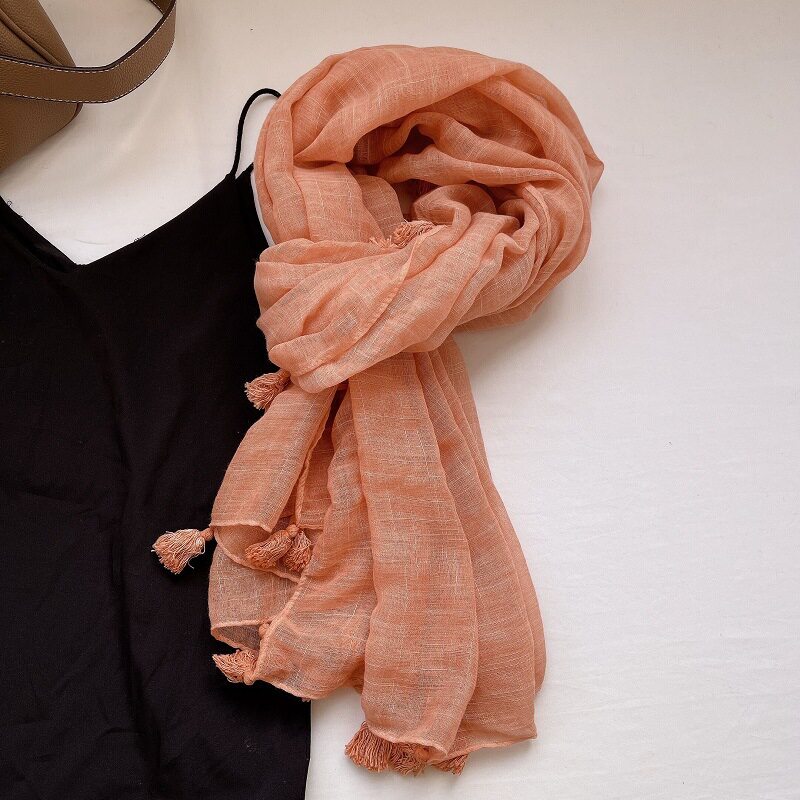 Fashionable Orange Color Fringed Vintage-Style Imported Super Soft Long Summer Friendly Tassel Cotton Hijab / Orna
