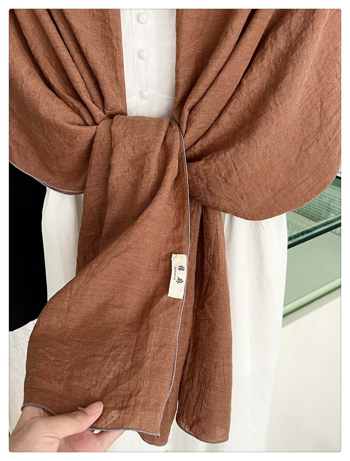 Lovely Caramel Color Japanese-Style Imported Summer Friendly Long Wrinkled Cotton Hijab / Orna