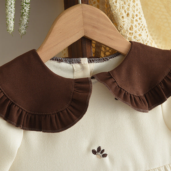Imported Baby Girl Flower Embroidered Beige Color Lapel New Baby Girl Long-Sleeved Pullover Princess Dress