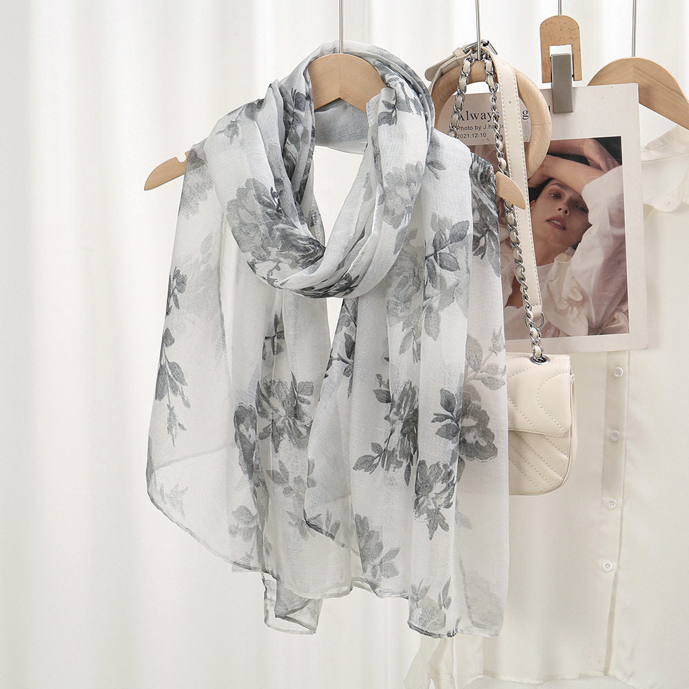 Imported Floral Printed Gray Color Summer Friendly Long Hijab / Orna