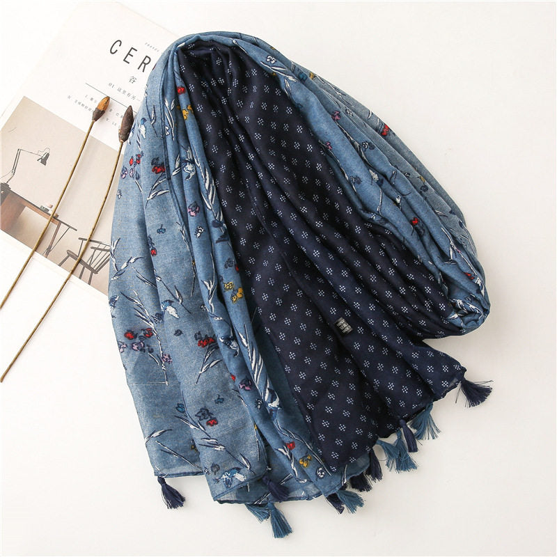 Elegant Dusty Blue Floral Printed Super Soft Long Summer Friendly Tassel Hijab / Orna