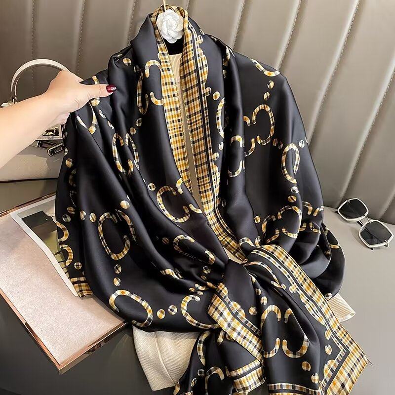 Imported black & golden color printed silk hijab / orna