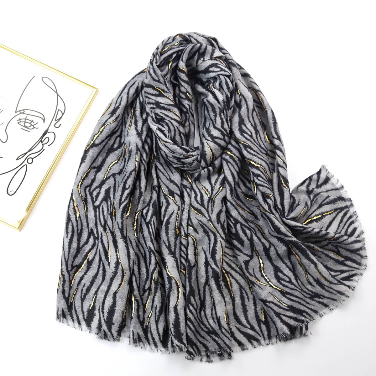 Elegant Black Gray Color High Quality Imported Zebra Printed Long Party Hijab / Orna Adorned With Elegant Golden Detailing