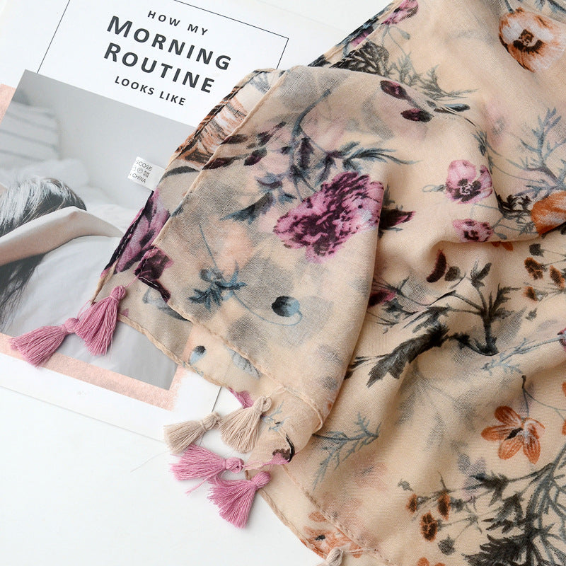 Sophisticated Ivory Color Floral Printed Imported Summer Friendly Long Tassel Hijab / Orna