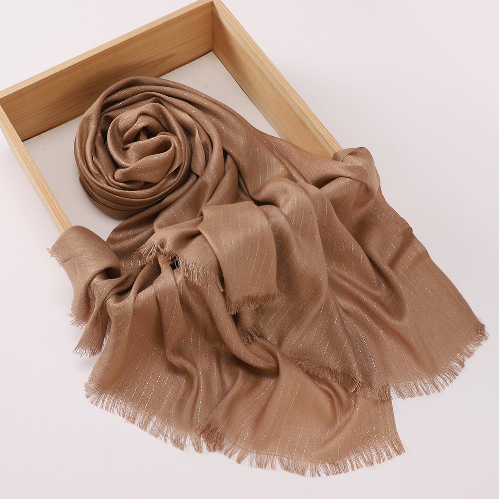 Lovely Deep Camel High Quality Rayon Golden Striped Muslim Women's Shiny Soft Breathable Imported Long Hijab / Orna